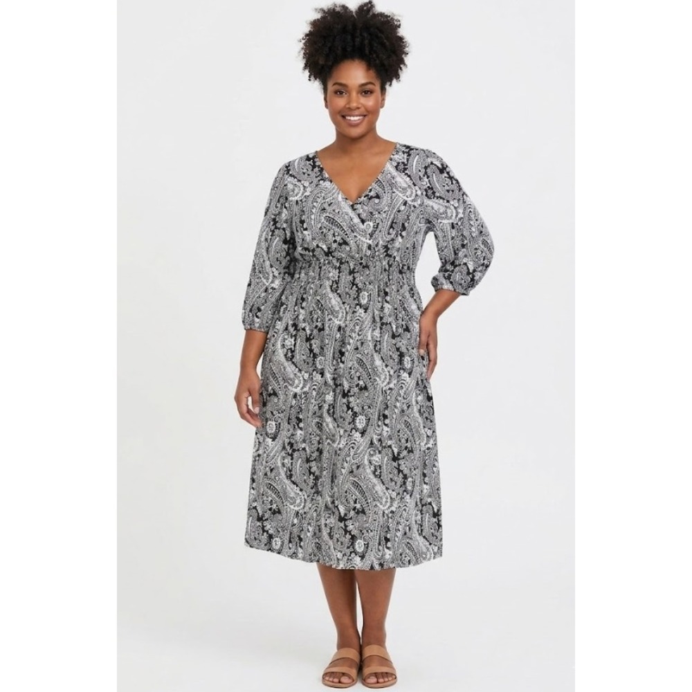 New Avenue Midi‎ Dress size 18/20 Black White Paisley Faux Wrap Stretch Comfy